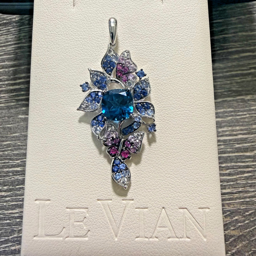 LE VIAN 14k White Gold Blue Topaz & Multi Color Sapphire Pendant Retail $6,197